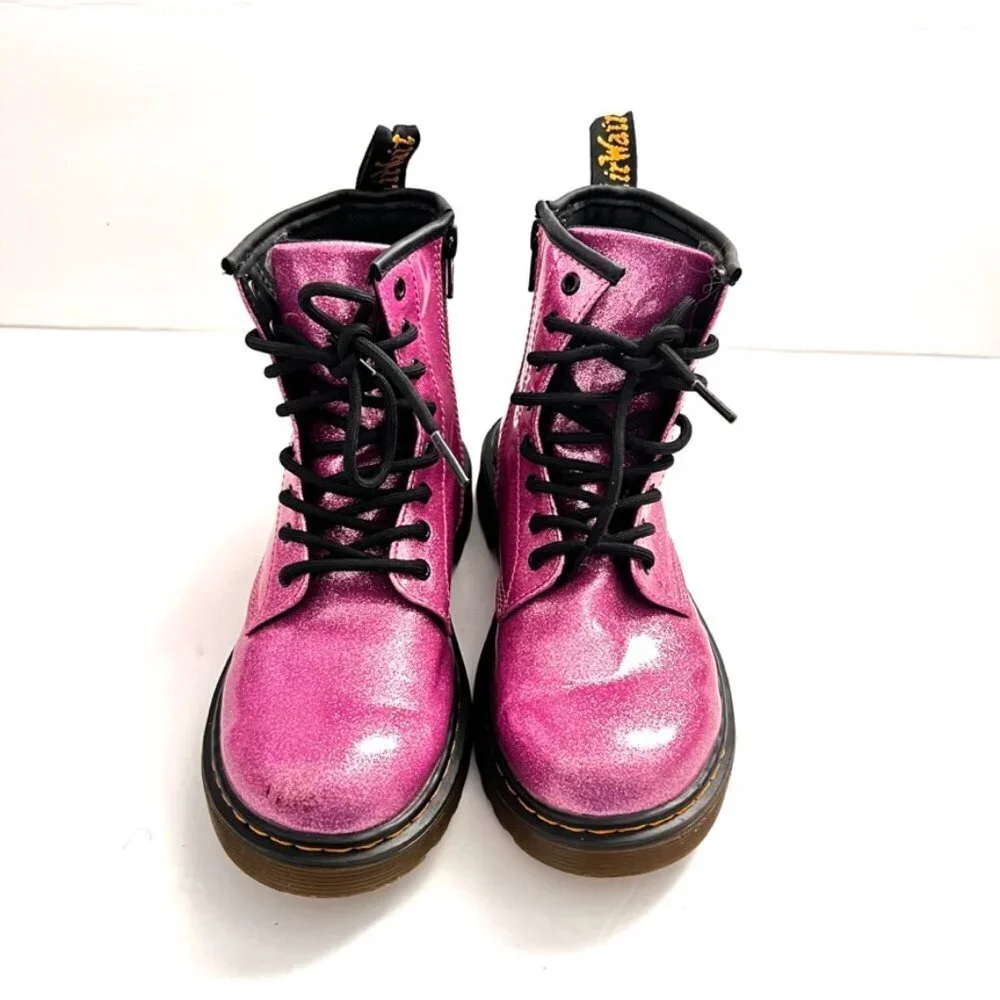 Doc Dr Martens Delaney Pink Sparkly Glitter Boots 1460 Lace Up Zipper Girls